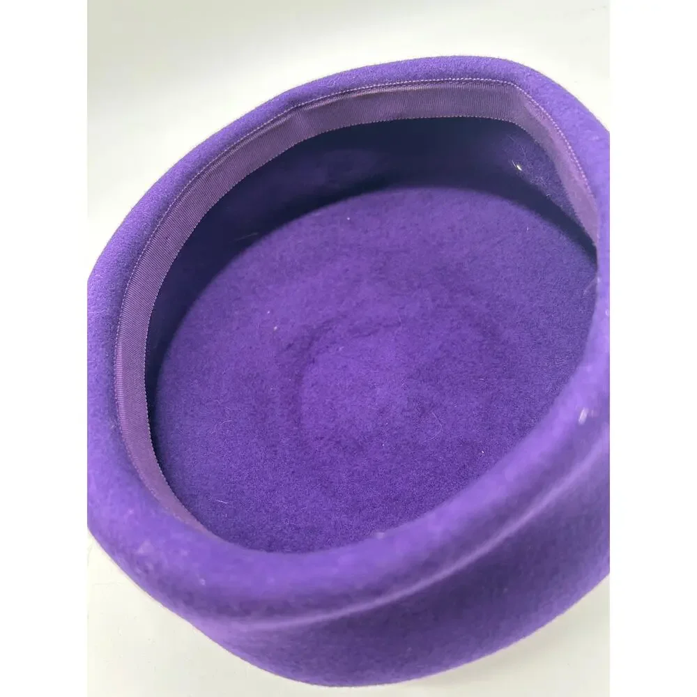 Vintage 80s Purple Wool Felt Pillbox Hat Olive Velvet Rosette Flowers 56cm Sz M - Picture 13 of 13